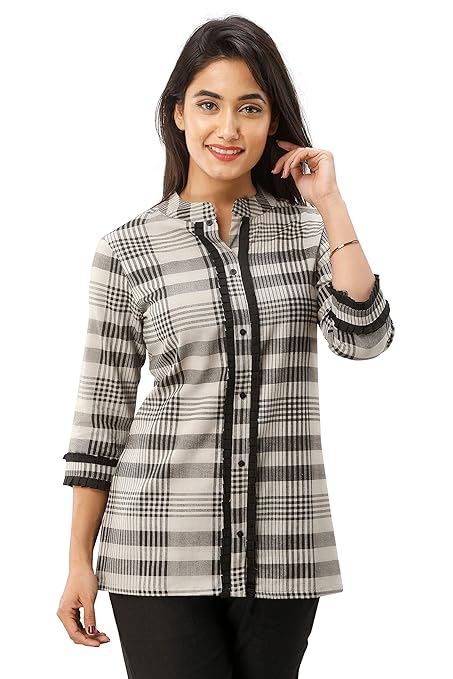 FABRIC FITOOR Women's Cotton Checkered Print Grey & Black Color Mandarin Collar Straight Shirt